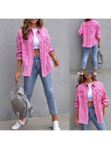 Women's Jeans Coat Ripped Distressed Denim Jacket Long Sleeve Button Down Boyfriend Jeans Coat Trucker Jacket - Pink - View 3