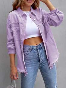 Women's Jeans Coat Ripped Distressed Denim Jacket Long Sleeve Button Down Boyfriend Jeans Coat Trucker Jacket - Purple - View 9
