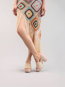 女士繩繩楔形平台涼鞋，開放式趾夾帶夏日休閒高跟拖鞋 - 杏色 - 查看 10