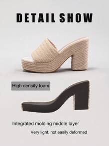 女士繩繩楔形平台涼鞋，開放式趾夾帶夏日休閒高跟拖鞋 - 杏色 - 查看 8