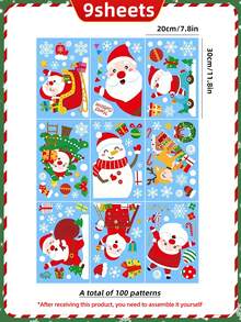 100 件/9 张圣诞窗贴 - 节日雪花、圣诞老人、驯鹿 - 可重复使用 PVC 静电贴纸，适用于家庭和办公室节日装饰，经典风格，塑料材质，无需电力，万圣节，万圣节装饰 - 彩色 - 查看 3