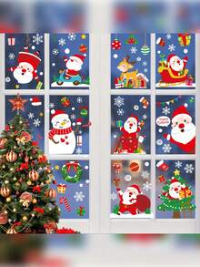100 件/9 张圣诞窗贴 - 节日雪花、圣诞老人、驯鹿 - 可重复使用 PVC 静电贴纸，适用于家庭和办公室节日装饰，经典风格，塑料材质，无需电力，万圣节，万圣节装饰 - 彩色 - 查看 1