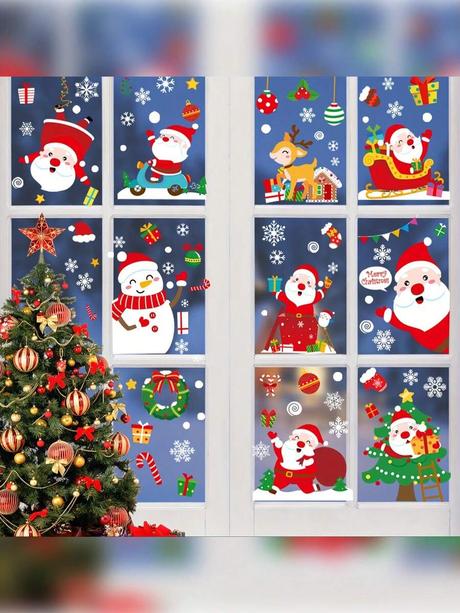 100 件/9 张圣诞窗贴 - 节日雪花、圣诞老人、驯鹿 - 可重复使用 PVC 静电贴纸，适用于家庭和办公室节日装饰，经典风格，塑料材质，无需电力，万圣节，万圣节装饰 - 彩色 - 查看 1
