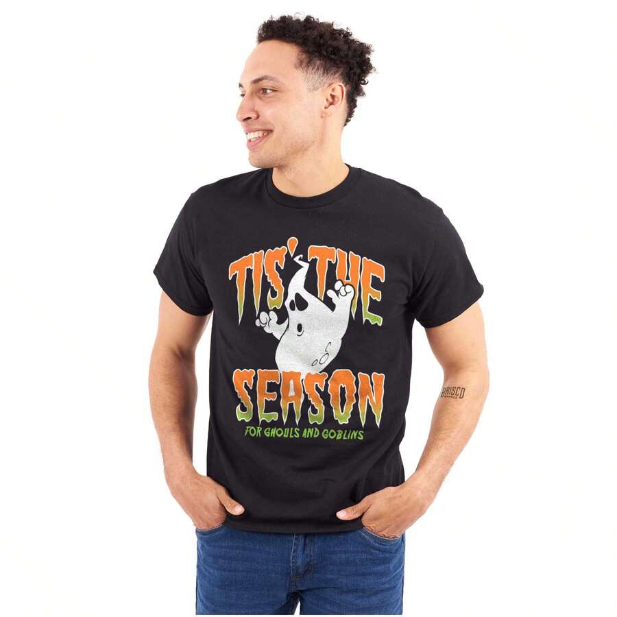 Halloween Graphic Tee Shirt Cool Vintage Distressed Spooky Saying Tis The Season For Ghosts And Goblins Casual Everyday Cotton Printed Short Sleeve Crewneck Tshirt - Black - View 1
