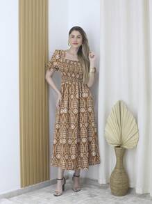 Printed A-Line Crepe Dress 40-46 With Lining And Stretch 9837EST - 駝色 - 查看 1