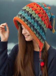 1 Bohemian Women's Rainbow Colored Knitted Hat, Autumn And Winter Tassel, Striped Crochet Knitted Hat, Is An Ideal Choice For Dressing Up Oneself