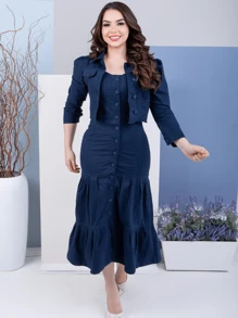 Women's Set: Square Neckline Dress With Buttons And Twill Denim Jacket - Màu xanh hải quân - Xem 1