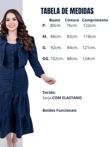 Women's Set: Square Neckline Dress With Buttons And Twill Denim Jacket - Màu xanh hải quân - Xem 8