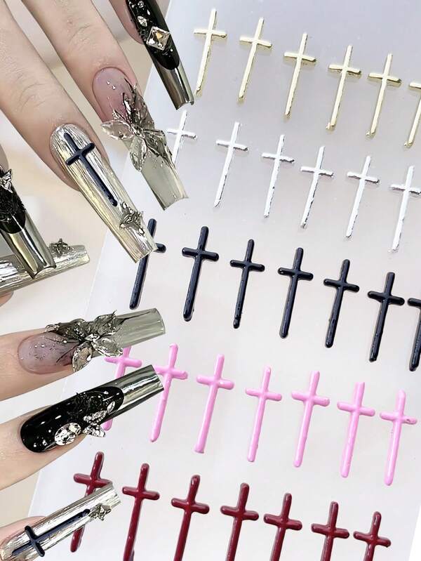 10pcs Minimalist Alloy Cross Nail Art Decorations, Y2K Style Nail Accessories, Suitable For Multi-Purpose DIY Nails, Short Nails, French Manicure Nail Supplies