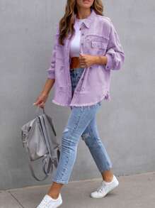 Women's Jeans Coat Ripped Distressed Denim Jacket Long Sleeve Button Down Boyfriend Jeans Coat Trucker Jacket - Purple - View 4