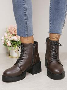 Women's New Platform Thick Sole Comfortable Side Zipper Ankle Boots, Round Toe Motorcycle Boots, Outdoor Round Toe Side Zip Lace-Up Naked Boots, Coffee Color