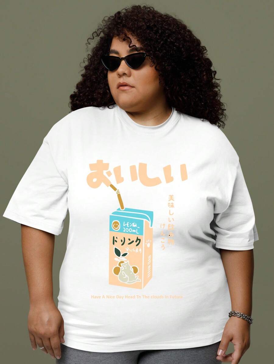 JUICE CAT Plus Size T-Shirt Women's Fashion 100% Cotton Streetwear NEW! - 白色 - 查看 1
