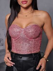 Cropped Corset With Glittery Shine And Lace-Up Back - 淺粉色 - 查看 1