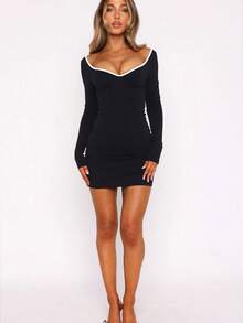 Rochie elegantă și simplă pentru femei, alb-negru, cu mânecă lungă, cu mânecă lungă, mini rochie neagră, sexy, cu mânecă lungă - Negru - Vizualizare 3
