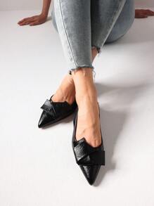 Women's Kitten Heels Slingback Pumps Bow Knot Pointed Closed Toe Thick Low Heels Pumps Woman Wedding Bridal Dress Shoes - 黑色 - 查看 3