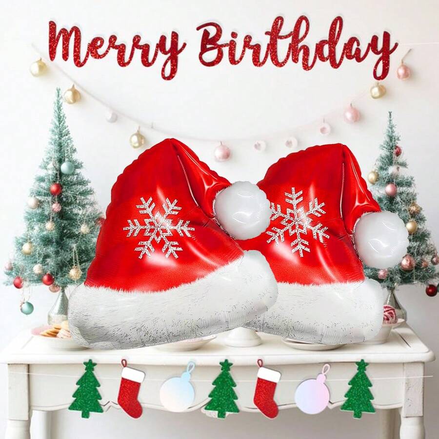 2 chiếc bóng bay mũ ông già Noel màu đỏ với thiết kế bông tuyết trắng, dùng để trang trí tiệc theo chủ đề Giáng sinh, tiệc bóng bay Giáng sinh, tụ họp ngày lễ, trang trí sinh nhật và nhà cửa, Giáng sinh