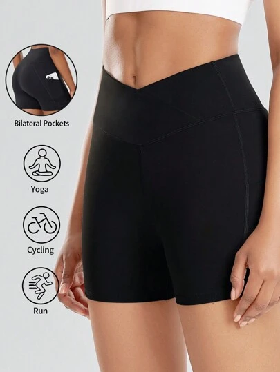 ROYALS MATTINI 女士瑜伽短裤，黑色骑行短裤，女士运动紧身裤，女士运动短裤，适合室内外骑行、跑步，春夏季运动装，交叉腰身，修身，柔软尼龙面料，夏季紧身短裤