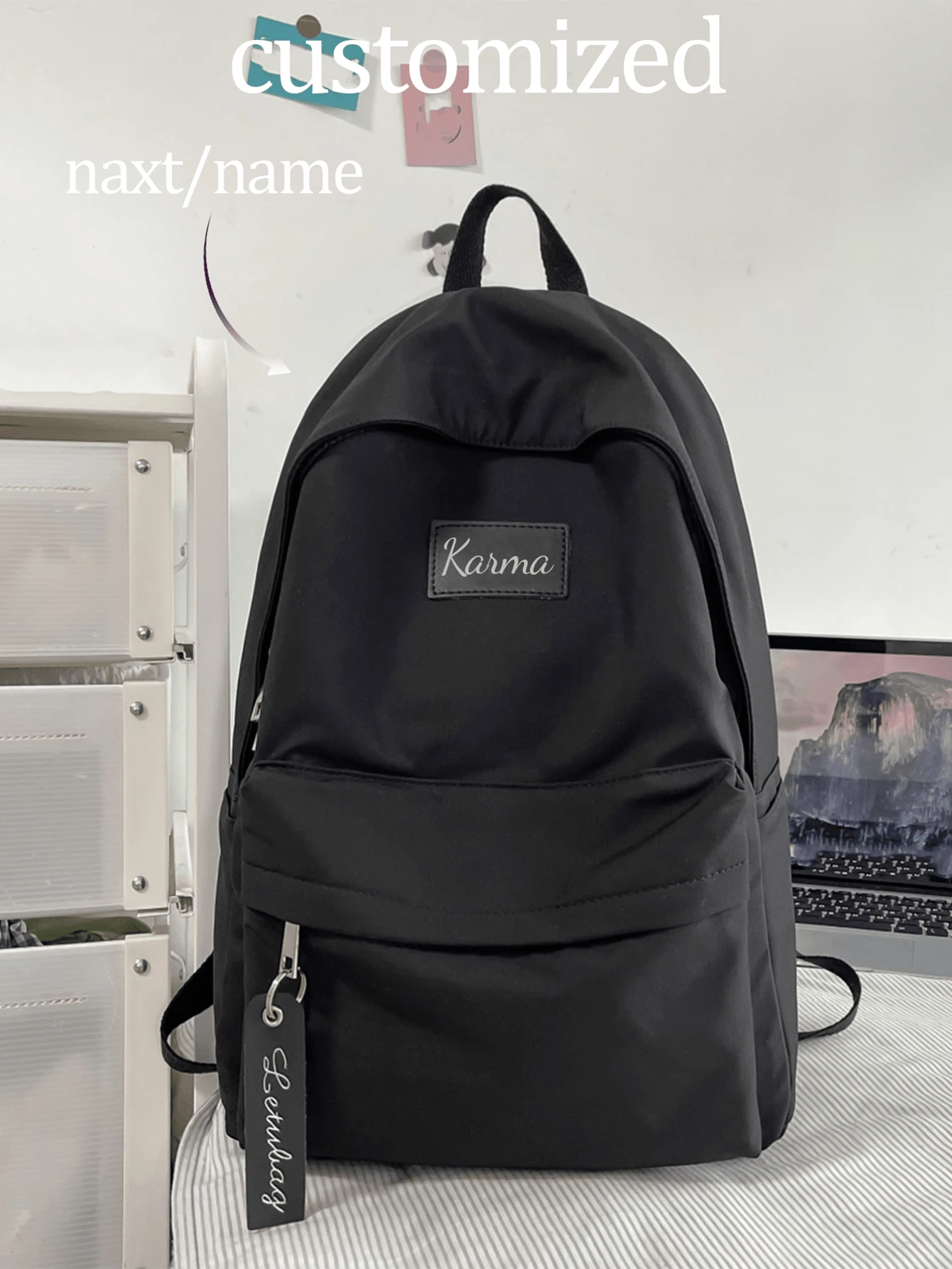 1pc Personalized Large Capacity Lightweight Fashionable Backpack With Name Or Logo, Unique Back To School Accessory, Casual Outdoor/Travel Essential For Students - Black - View 1