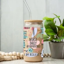 1 件 16 盎司便携式简易玻璃水瓶咖啡杯带吸管和盖子，礼品杯，可爱有趣图案透明玻璃水杯，饮水杯啤酒杯，可重复使用，送给家人、朋友的节日礼物，护士节，送给护士的节日礼物 - 透明 - 查看 6