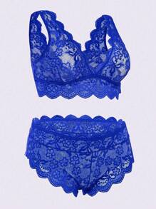 Women Plus Size Floral Lace Scallop Trim Lingerie Set