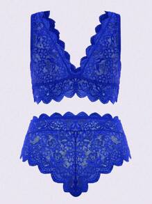 Women Plus Size Floral Lace Scallop Trim Lingerie Set