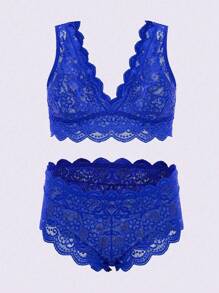 Women Plus Size Floral Lace Scallop Trim Lingerie Set