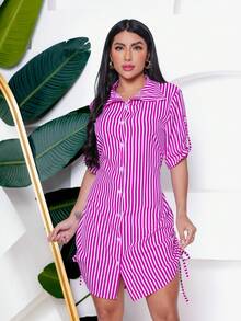 Kit 2 Women's Striped Shirt Dress Fashion Blogger - Tím + Đỏ - Xem 2
