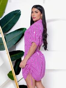 Kit 2 Women's Striped Shirt Dress Fashion Blogger - Tím + Đỏ - Xem 3