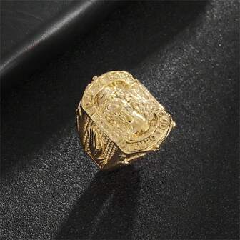 1pc Titanium Steel Gold-Plated Religious Belief "YS" Letter Portrait Hip Hop Men's Ring, Stainless Steel Accessory