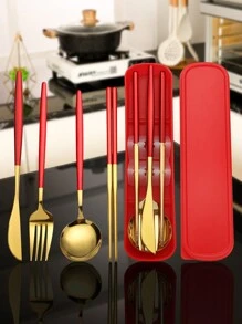 5 件便携式餐具套装，高品质不锈钢，含刀、勺、叉、筷子、储物盒 - 非常适合旅行、办公室、学校、野餐、定制家庭套装、派对和婚礼、学校用品