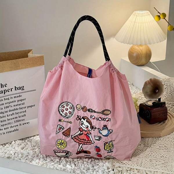Nova bolsa de ombro feminina versátil de nylon bordado de grande capacidade