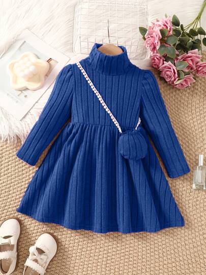 Young Girl High Neck Long Sleeve Knit Dress, Soft Textured Fabric, Casual Daily Dress, Comes With Small Bag, Sizes 4-7 Years