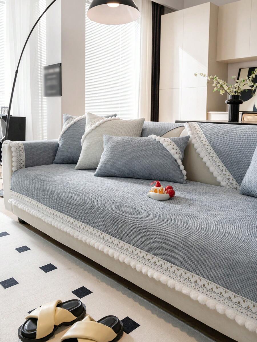 1 件雪尼尔提花布艺沙发套，四季使用，韩式现代简约防刮防滑沙发垫，防宠物客厅沙发保护套，适用于 L 型沙发和 1/2/3/4 座沙发（单独出售） - 淺灰色 - 查看 1