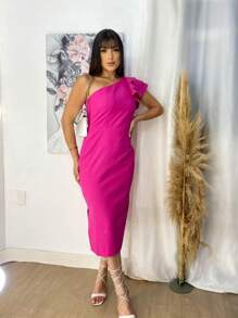 Bruna Dress With Elegant Single Sleeve Detail - Hot Pink - View 6