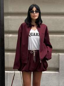 女士秋季新款时尚外套酒红色翻领长袖口袋拉链女式街头风格夹克 - 酒紅色 - 查看 7