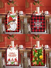 1 khăn trải bàn Giáng sinh, viền kẻ caro có chú lùn giữ quà, họa tiết quả bóng Giáng sinh, dòng chữ "Merry Christmas", chất liệu polyester, trang trí bàn tiệc Giáng sinh mùa đông tại nhà và phòng ăn - Nhiều màu - Xem 1