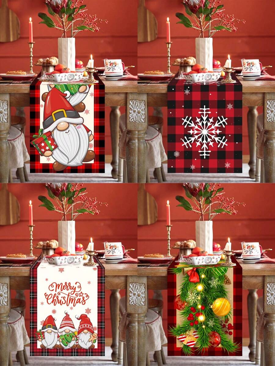 1 khăn trải bàn Giáng sinh, viền kẻ caro có chú lùn giữ quà, họa tiết quả bóng Giáng sinh, dòng chữ "Merry Christmas", chất liệu polyester, trang trí bàn tiệc Giáng sinh mùa đông tại nhà và phòng ăn - Nhiều màu - Xem 1
