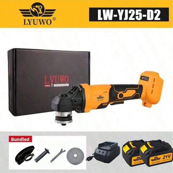LYUWO LYUWO Yellow 21V Electric Tool Brushless 125mm Angle Grinder Charging High-Power Lithium Battery Cutting Machine Electric Polishing Machine Polishing Machine Lithium Battery Tool, Brushless, Cutting, Polishing, Rust Removal, Polishing, Multifunctional Integrated. Equipped With A Large Capacity Lithium Battery, 1 Protective Cover, 1 Movable Board, 1 Handle, And 1 Grinding Wheel.