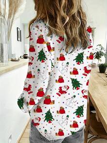 女士时尚随机雪人印花长袖单排扣休闲衬衫 - 白色 - 查看 2