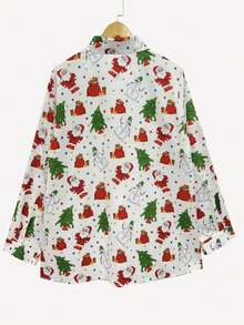 女士时尚随机雪人印花长袖单排扣休闲衬衫 - 白色 - 查看 5