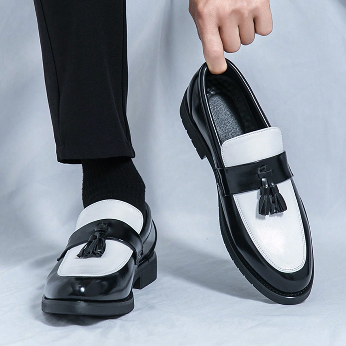 Mocasines de vestir con borlas negras y suela gruesa para hombres - Zapatos formales de vestir con cierre deslizante para novio, boda, fiesta, banquet