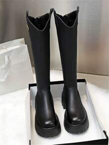 2025 秋冬新款黑色过膝长靴，厚底粗跟高跟靴，修身及膝马靴，适合娇小身材 - 黑色 - 查看 9