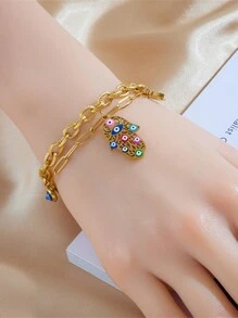 Conjunto de joyas de acero inoxidable para mujeres de 4 piezas con colgante bohemio en forma de palma con ojo y gota de aceite, que incluye collar, brazalete y aretes, adecuado para uso diario - conjunto de palma - Ver 6