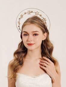 1 chiếc vương miện hình lá Halo Vương miện hoa vàng Tiara ngọc trai cô dâu nhiều lớp Phụ kiện tóc cô dâu cưới sinh nhật dạ hội cho phụ nữ - Vàng - Xem 5