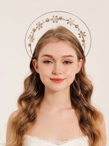 1 chiếc vương miện hình lá Halo Vương miện hoa vàng Tiara ngọc trai cô dâu nhiều lớp Phụ kiện tóc cô dâu cưới sinh nhật dạ hội cho phụ nữ - Vàng - Xem 1