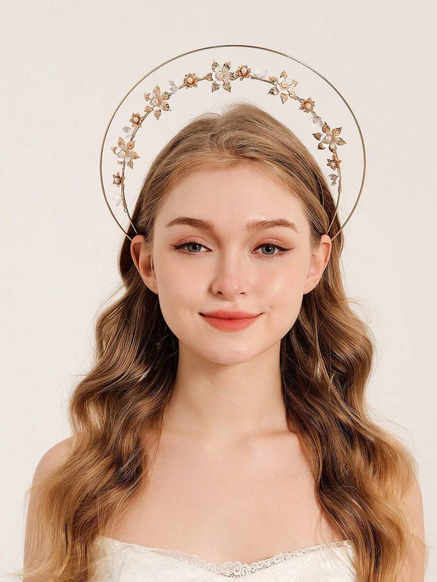 1 chiếc vương miện hình lá Halo Vương miện hoa vàng Tiara ngọc trai cô dâu nhiều lớp Phụ kiện tóc cô dâu cưới sinh nhật dạ hội cho phụ nữ - Vàng - Xem 1