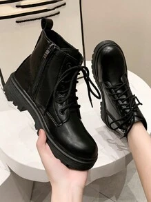 Fall/Winter Women's Fashion Round Toe Side Zipper Lace Up Flat Boots, Autumn Motorcycle Boots,Boots For Women - Black - View 6