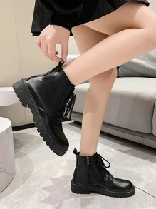 Fall/Winter Women's Fashion Round Toe Side Zipper Lace Up Flat Boots, Autumn Motorcycle Boots,Boots For Women - Black - View 4
