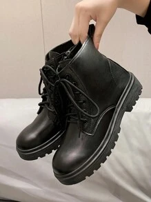 Fall/Winter Women's Fashion Round Toe Side Zipper Lace Up Flat Boots, Autumn Motorcycle Boots,Boots For Women - Black - View 5