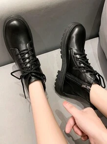 Fall/Winter Women's Fashion Round Toe Side Zipper Lace Up Flat Boots, Autumn Motorcycle Boots,Boots For Women - Black - View 1
